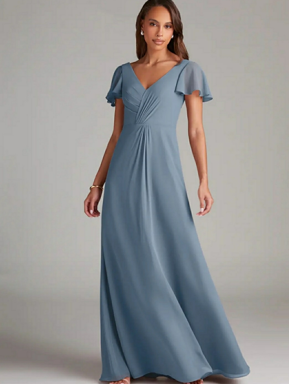 Dundry Chiffon Dusty Blue V-Neck Flutter Slv Maxi Dress Gown Sz 2-4 Bridesmaid